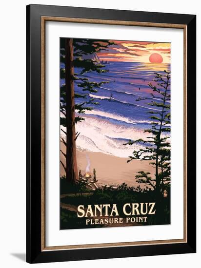 Santa Cruz, California - Pleasure Point Sunset and Surfers-Lantern Press-Framed Art Print