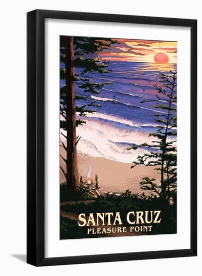 Santa Cruz, California - Pleasure Point Sunset and Surfers-Lantern Press-Framed Art Print