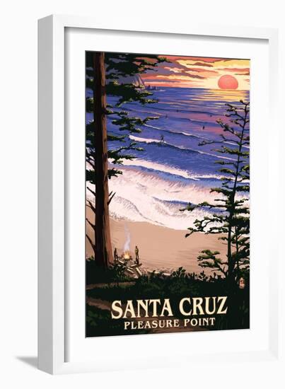 Santa Cruz, California - Pleasure Point Sunset and Surfers-Lantern Press-Framed Art Print