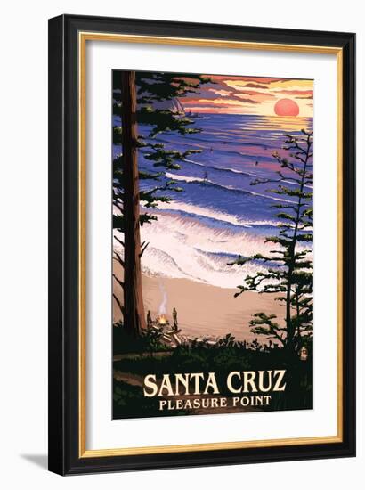 Santa Cruz, California - Pleasure Point Sunset and Surfers-Lantern Press-Framed Art Print