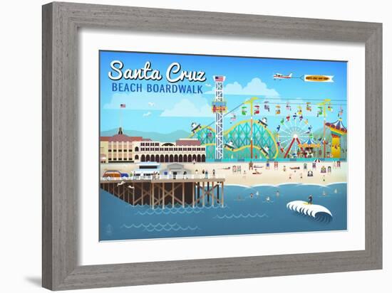 Santa Cruz, California - Retro Scene-Lantern Press-Framed Premium Giclee Print