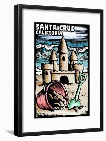 Santa Cruz, California - Sand Castle - Scratchboard-Lantern Press-Framed Art Print