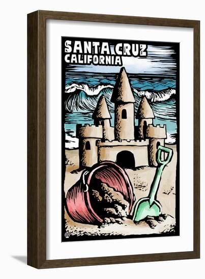 Santa Cruz, California - Sand Castle - Scratchboard-Lantern Press-Framed Art Print