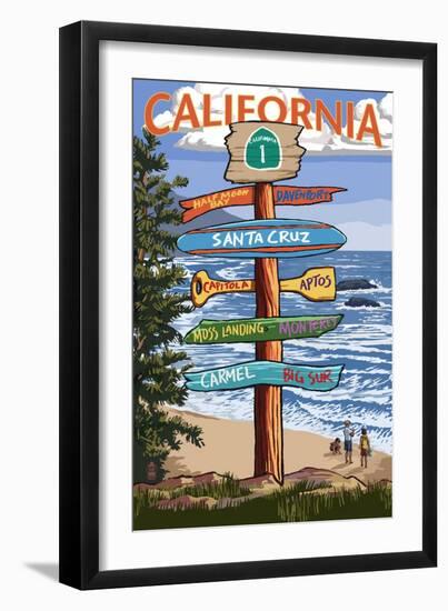 Santa Cruz, California - Signpost Destinations-Lantern Press-Framed Premium Giclee Print