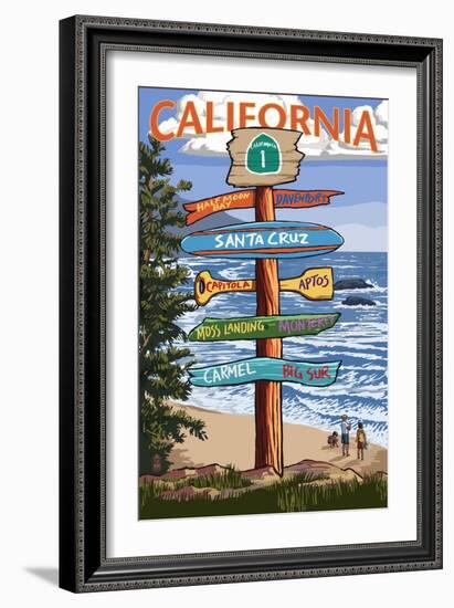 Santa Cruz, California - Signpost Destinations-Lantern Press-Framed Premium Giclee Print