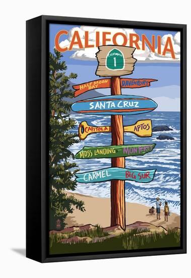 Santa Cruz, California - Signpost Destinations-Lantern Press-Framed Stretched Canvas