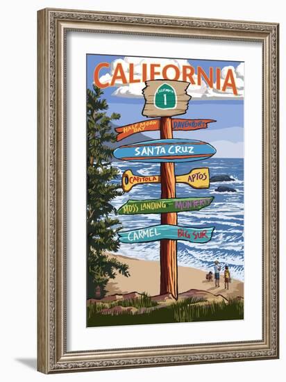 Santa Cruz, California - Signpost Destinations-Lantern Press-Framed Art Print