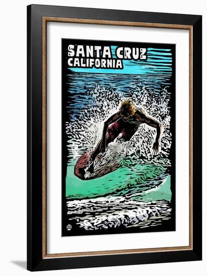 Santa Cruz, California - Skimboarder - Scratchboard-Lantern Press-Framed Art Print