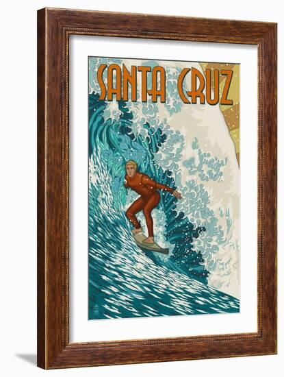 Santa Cruz, California - Stylized Surfer-Lantern Press-Framed Art Print