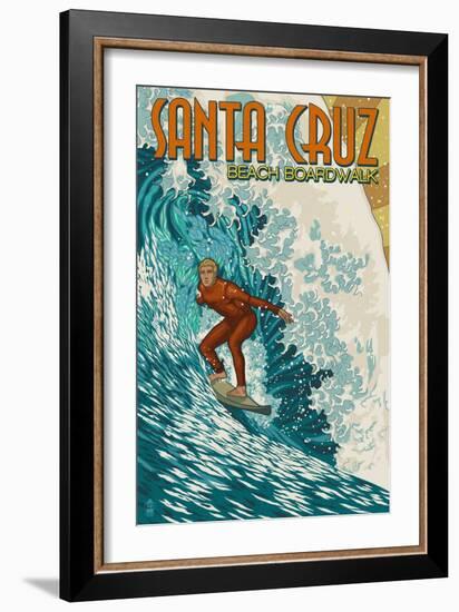 Santa Cruz, California - Stylized Surfer-Lantern Press-Framed Art Print