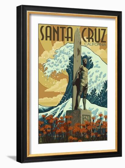 Santa Cruz, California - Surfer Statue-Lantern Press-Framed Premium Giclee Print