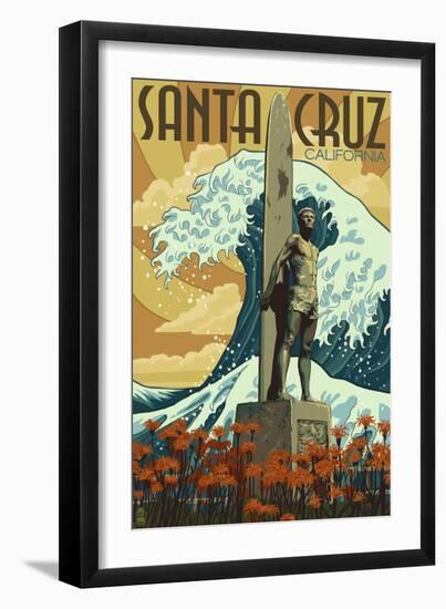 Santa Cruz, California - Surfer Statue-Lantern Press-Framed Art Print