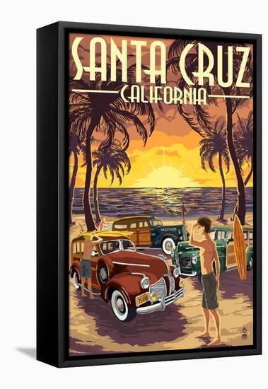 Santa Cruz, California - Vintage Woodies on the Beach-Lantern Press-Framed Stretched Canvas