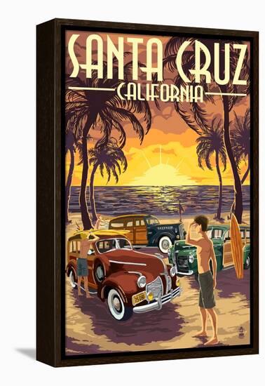 Santa Cruz, California - Vintage Woodies on the Beach-Lantern Press-Framed Stretched Canvas