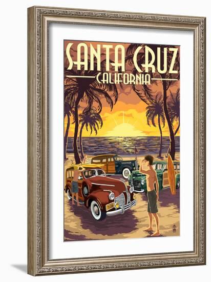 Santa Cruz, California - Vintage Woodies on the Beach-Lantern Press-Framed Art Print