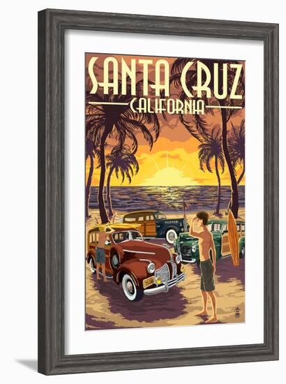 Santa Cruz, California - Vintage Woodies on the Beach-Lantern Press-Framed Art Print