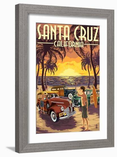 Santa Cruz, California - Vintage Woodies on the Beach-Lantern Press-Framed Art Print