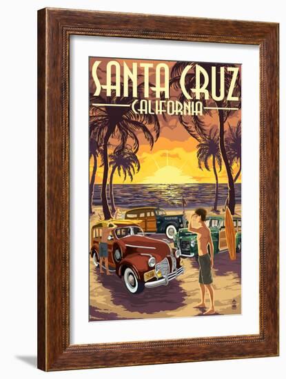 Santa Cruz, California - Vintage Woodies on the Beach-Lantern Press-Framed Art Print