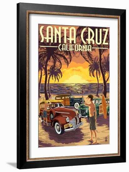 Santa Cruz, California - Vintage Woodies on the Beach-Lantern Press-Framed Art Print