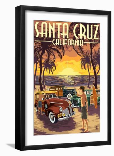 Santa Cruz, California - Vintage Woodies on the Beach-Lantern Press-Framed Art Print