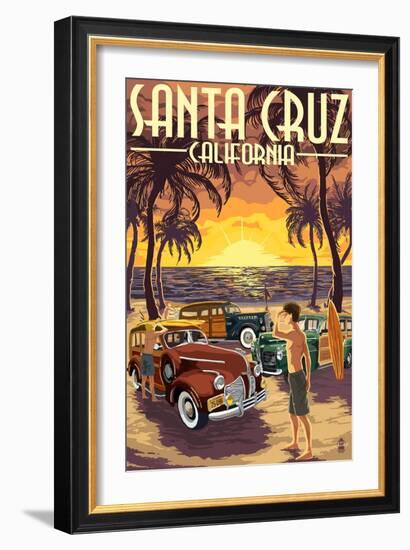 Santa Cruz, California - Vintage Woodies on the Beach-Lantern Press-Framed Art Print