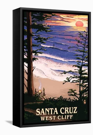 Santa Cruz, California - West Cliff Sunset and Surfers-Lantern Press-Framed Stretched Canvas