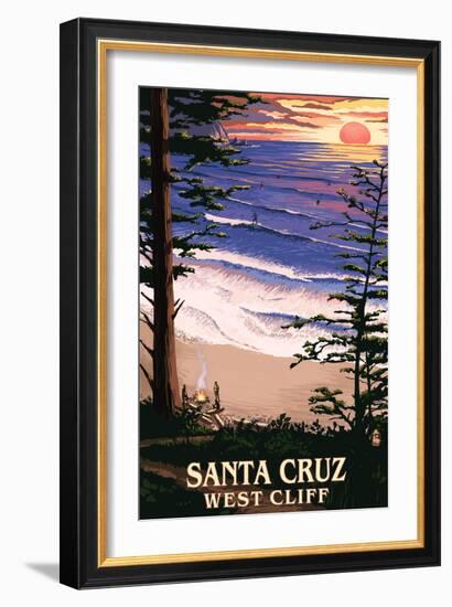 Santa Cruz, California - West Cliff Sunset and Surfers-Lantern Press-Framed Art Print