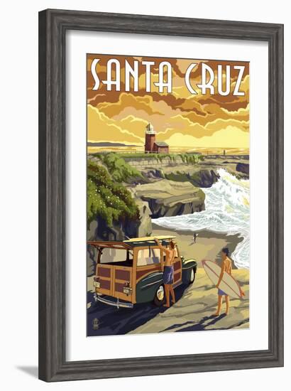 Santa Cruz, California - Woody and Lighthouse-Lantern Press-Framed Art Print