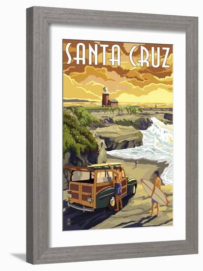 Santa Cruz, California - Woody and Lighthouse-Lantern Press-Framed Art Print