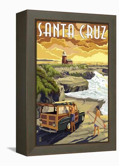 Santa Cruz, California - Woody and Lighthouse-Lantern Press-Framed Stretched Canvas