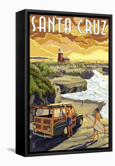 Santa Cruz, California - Woody and Lighthouse-Lantern Press-Framed Stretched Canvas