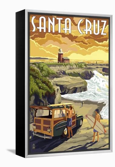 Santa Cruz, California - Woody and Lighthouse-Lantern Press-Framed Stretched Canvas