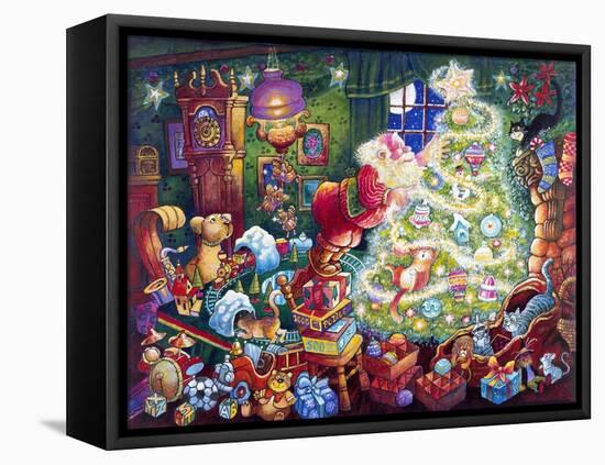 Santa Decorates Tree Surrounded by Presents and Catschristmas-Bill Bell-Framed Premier Image Canvas