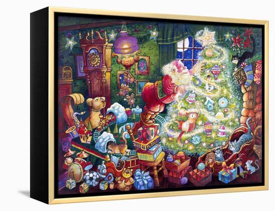 Santa Decorates Tree Surrounded by Presents and Catschristmas-Bill Bell-Framed Premier Image Canvas