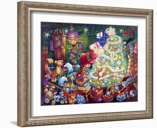 Santa Decorates Tree Surrounded by Presents and Catschristmas-Bill Bell-Framed Giclee Print