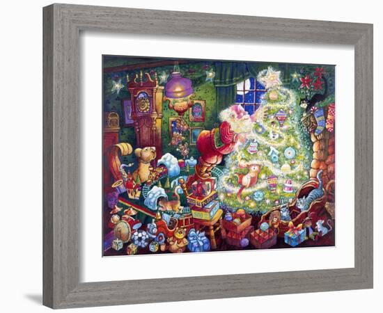 Santa Decorates Tree Surrounded by Presents and Catschristmas-Bill Bell-Framed Giclee Print