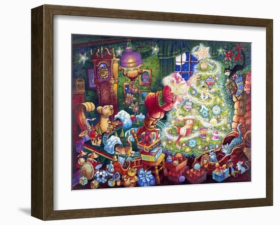 Santa Decorates Tree Surrounded by Presents and Catschristmas-Bill Bell-Framed Giclee Print