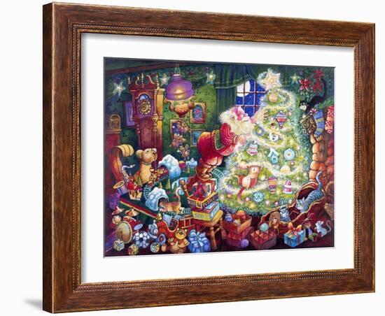 Santa Decorates Tree Surrounded by Presents and Catschristmas-Bill Bell-Framed Giclee Print