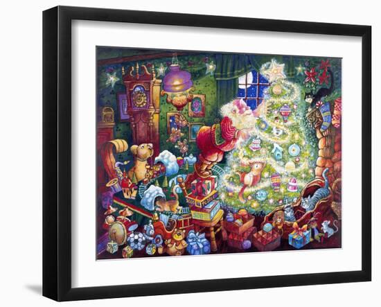 Santa Decorates Tree Surrounded by Presents and Catschristmas-Bill Bell-Framed Giclee Print