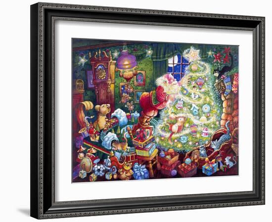 Santa Decorates Tree Surrounded by Presents and Catschristmas-Bill Bell-Framed Giclee Print