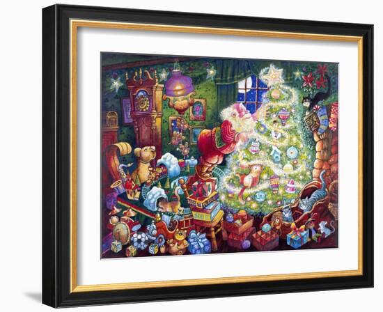 Santa Decorates Tree Surrounded by Presents and Catschristmas-Bill Bell-Framed Giclee Print