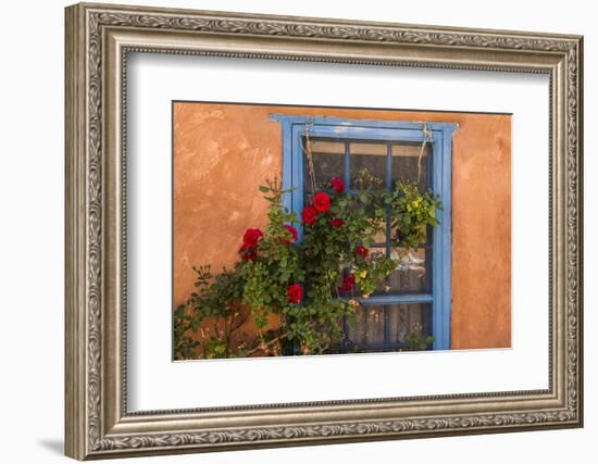 Santa Fe, New Mexico. Blue painted lattice wooden window-Jolly Sienda-Framed Photographic Print