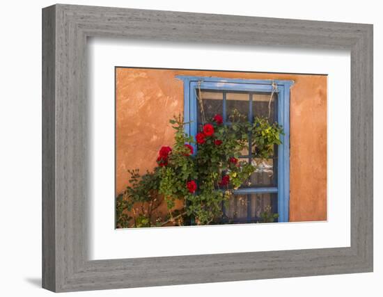 Santa Fe, New Mexico. Blue painted lattice wooden window-Jolly Sienda-Framed Photographic Print