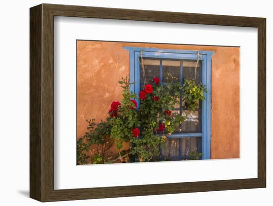 Santa Fe, New Mexico. Blue painted lattice wooden window-Jolly Sienda-Framed Photographic Print