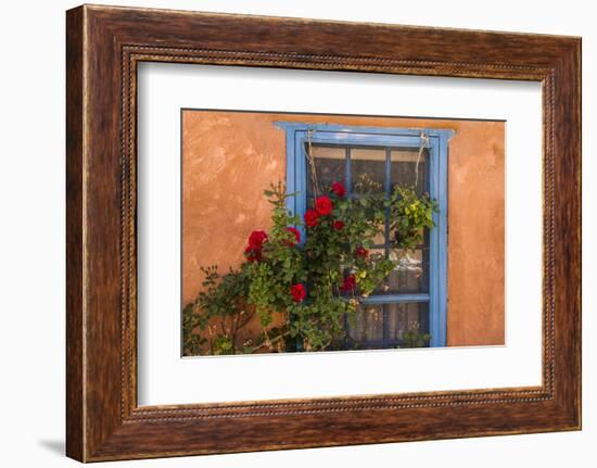 Santa Fe, New Mexico. Blue painted lattice wooden window-Jolly Sienda-Framed Photographic Print