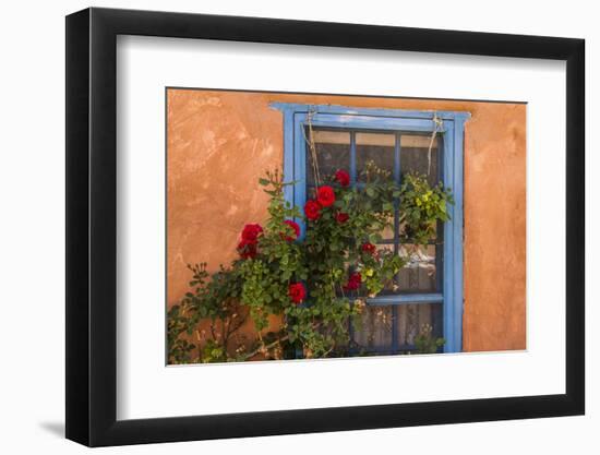 Santa Fe, New Mexico. Blue painted lattice wooden window-Jolly Sienda-Framed Photographic Print