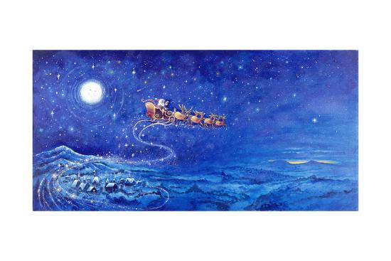 Santa In Night Sky Over Winter Village In Sleigh Pulled By Reindeer Giclee Print Bill Bell Art Com Santa In Night Sky Over Winter Village In Sleigh Pulled By Reindeer Giclee Print Bill Bell Art Com