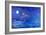 Santa in Night Sky over Winter Village in Sleigh Pulled by Reindeer-Bill Bell-Framed Giclee Print