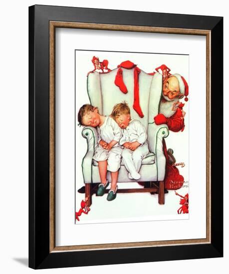 Santa Looking at Two Sleeping Children (or Santa Filling the Stockings)-Norman Rockwell-Framed Giclee Print