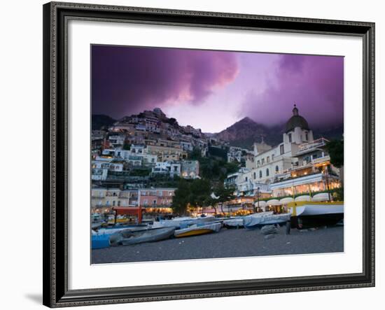 Santa Maria Assunta Church, Spiaggia Grande at Sunset, Positano, Amalfi Coast, Campania, Italy-Walter Bibikow-Framed Photographic Print